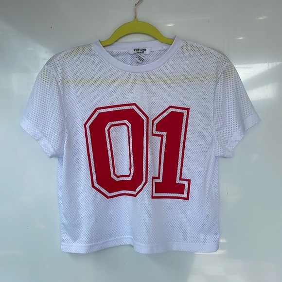 White crop jersey T-shirt with 01 - Picture 1 of 2